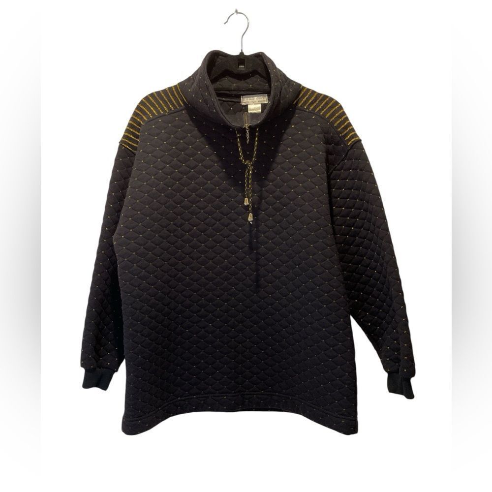 EURO JOY Black Quilted Turtleneck Sweater with Gold Details size L